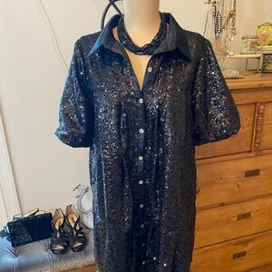 Black Sequin Mini Dress with Bubble Sleeves - Size Large